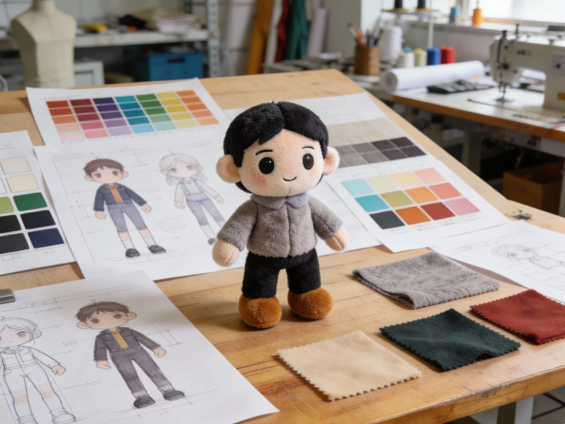 Pluche speelgoedingenieurs wat karakterontwerpbesonderhede en proporsies ontleed