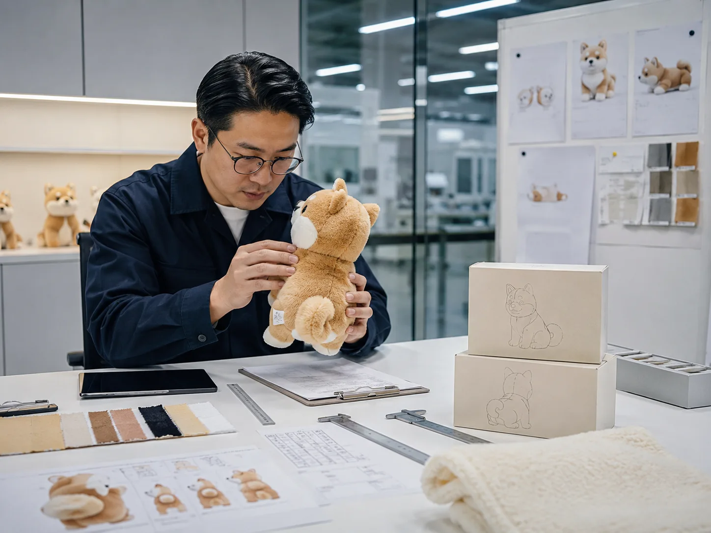 Engineer inspecting a confidential plush toy prototype before product launch in a professional manufacturing studio with development materials