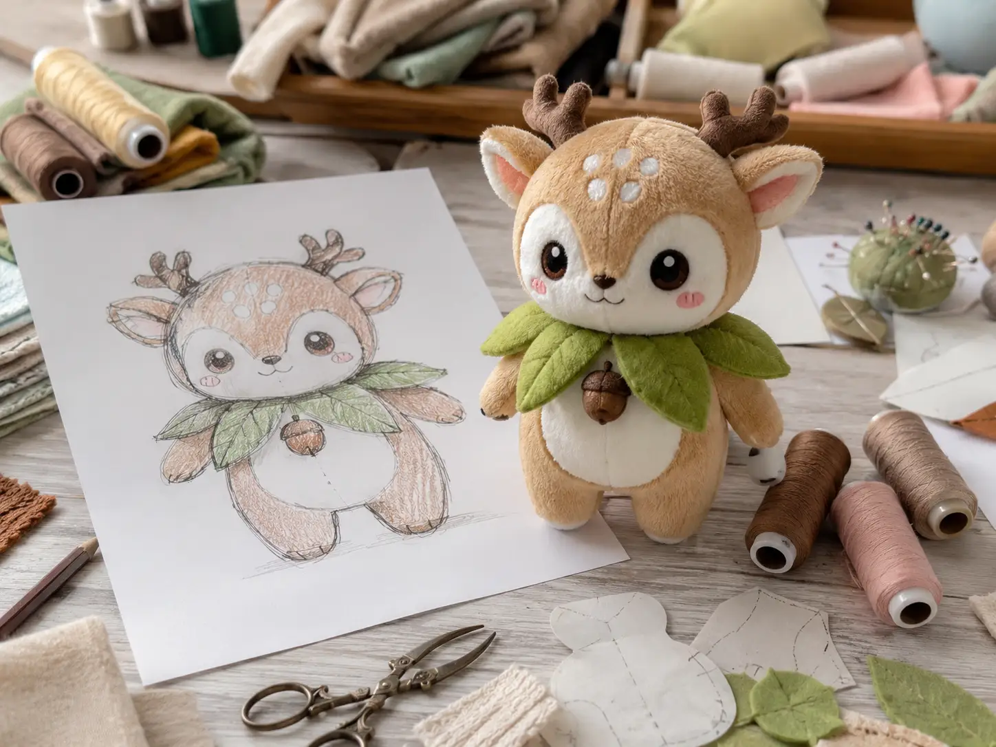 Custom plush toy development process showing a character sketch, prototype sample, and handmade plush product design