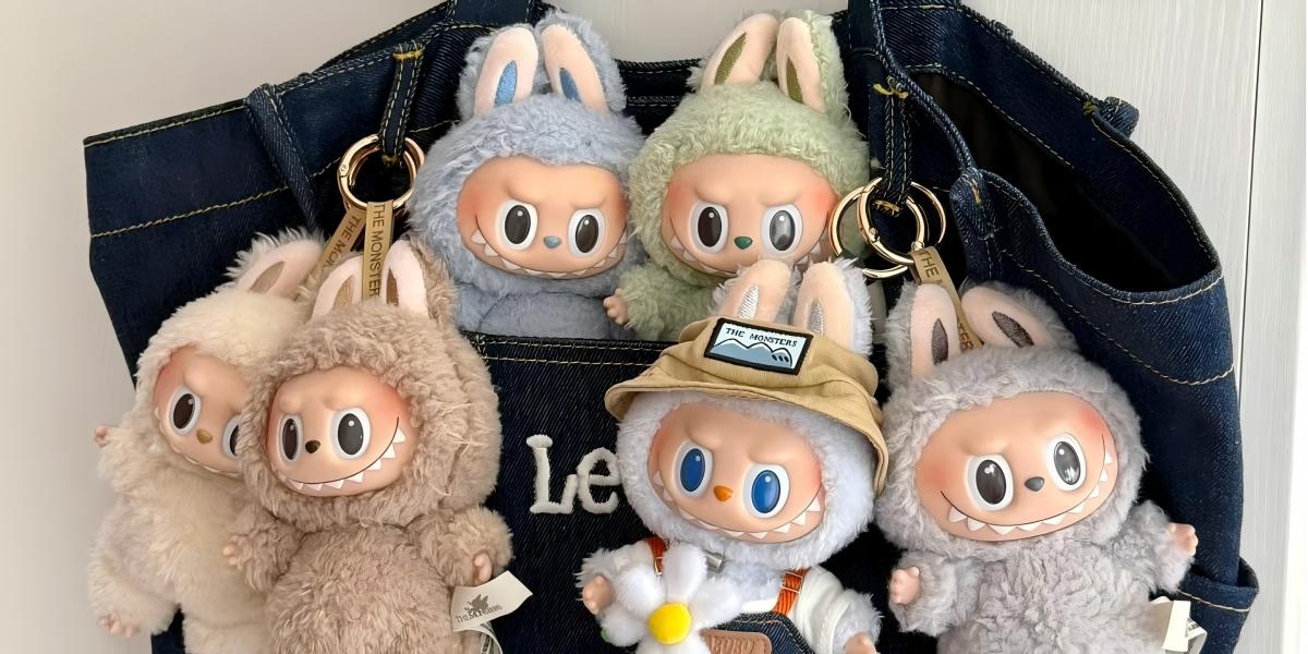 Multiple Labubu plush toys on a blue canvas bag